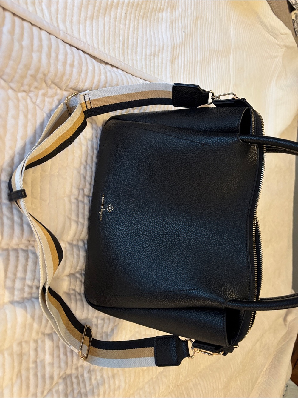 Nanette Lepore Black Shoulder Bag with Striped Canvas Shoulder Strap
